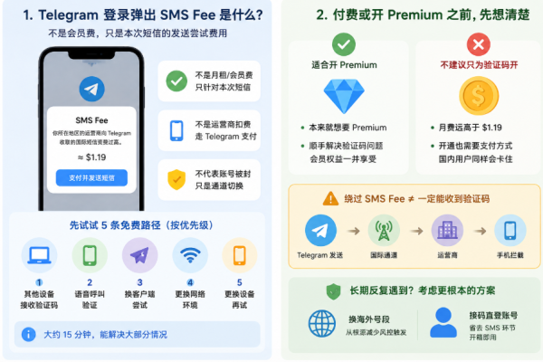 telegram登录收费提示图解，说明 SMS Fee 不是会员费或封号，而是一次短信发送尝试费用，并展示 5 种免费登录解决方案与 Premium 选择建议