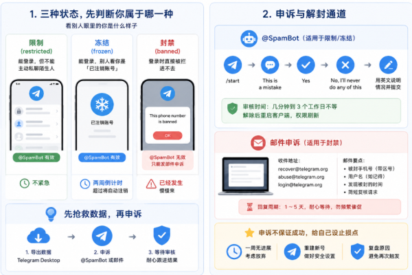 tg账号被冻结，telegram被封禁怎么解封示意图，对比限制、冻结和封禁三种状态，说明先判断账号状态、先导出数据，再通过 @SpamBot 或邮件申诉解封