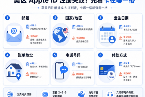 美区apple id注册，美区id注册失败排查示意图，按邮箱、国家地区、出生日期、账单地址、电话号码和付款方式六个步骤拆解常见卡点与解决方向