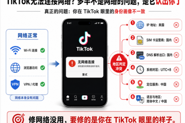 TikTok无法连接网络原因示意图：IP、SIM卡、DNS、系统时区、定位和语言地区不一致导致地区判定冲突