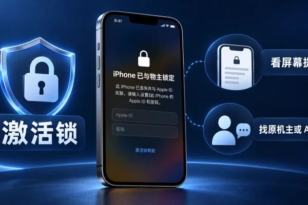 激活锁与二手iphone 激活锁排查流程图，展示查看屏幕提示并联系原机主或 Apple