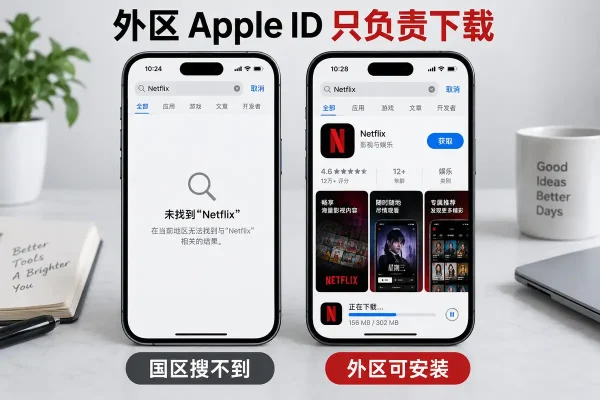 netflix下载不了时，外区Apple ID可以解决应用商店搜索与安装；奈飞app怎么下载取决于商店账号地区，但注册、套餐和付款仍需在Netflix官网完成，Apple ID余额与礼品卡不能用于订阅，也不会替你改变Netflix账户国家。