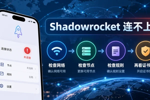 shadowrocket连不上与小火箭没网的分层排查流程图，展示网络、节点、规则和证书信任检查