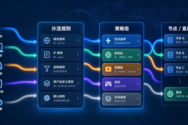 shadowrocket分流规则与小火箭规则配置流程图，展示规则匹配、策略组和节点或直连的关系