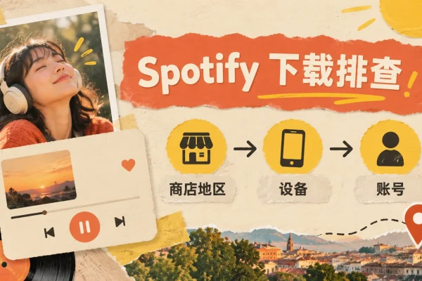 spotify下载不了时的排查流程图，也说明spotify怎么订阅前应先确认商店地区、设备与账号状态