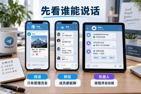 telegram建群更适合成员讨论、答疑和社群互动，成员都能发言；telegram怎么建频道先确定公开或私有，由管理员单向发布。多数社群会把频道和群组关联，让频道负责发、群组负责聊，再用机器人完成验证、删广告和投票，但只授予实际需要的权限。