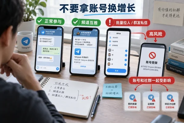 telegram批量加人与telegram加人限制风险示意图，展示邀请频率、用户意愿和账号风控信号