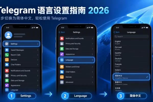 telegram中文语言包与telegram汉化设置流程图，展示官方 Telegram 在 Settings 中选择 Language 和简体中文的步骤