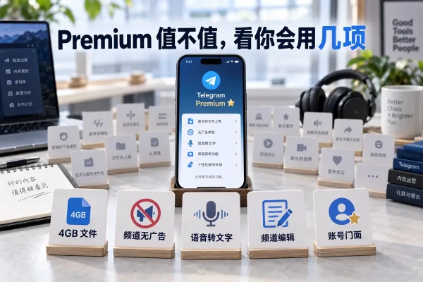 telegram premium值不值得，不在功能数量，而在你是否传4GB大文件、每天刷公开频道、需要语音转文字或运营社群；想知道电报会员有什么用，应看这些功能能否持续省时间。若只和固定联系人聊天，免费版通常够用，不必为偶尔使用的权益付费。