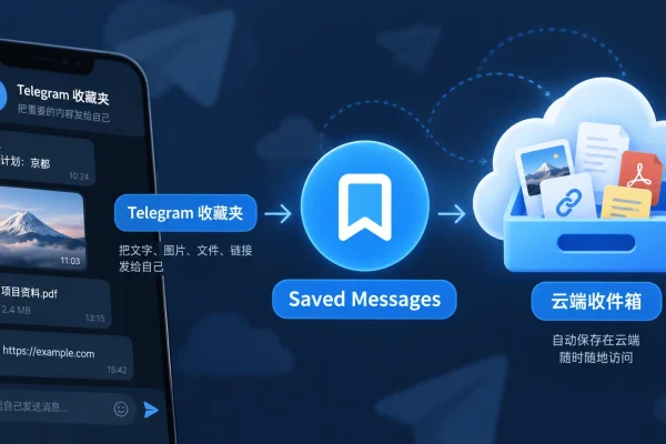 telegram收藏夹与telegram saved messages 使用流程图，展示把消息保存到云端收件箱
