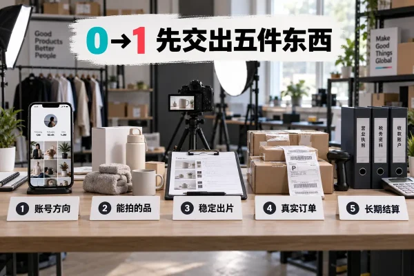 tiktok跨境电商从0到1不先追播放量，而是交出账号方向、可拍可上架的商品、稳定出片能力、真实订单和长期结算主体。理解tiktok怎么做跨境，应让内容线与资质线并行推进，先补齐缺失的一项，再进入下一步，避免账号、素材、供货和库存一起返工。