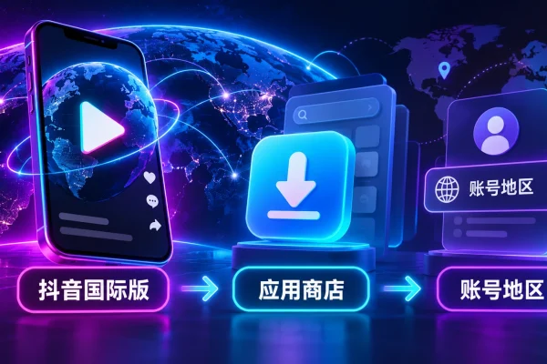 抖音国际版与抖音海外版下载流程图，展示应用商店来源、账号地区与安装判断