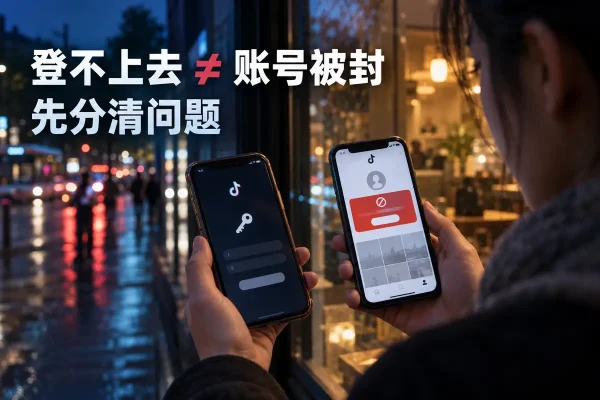 tiktok账号被封后的自查场景：tiktok登录不了或tiktok登不上去时，先区分封禁与登录故障