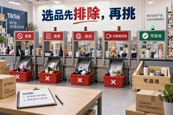 tiktok选品不应先抄爆款榜，而要排除禁售品、缺少资质的受限品类和未开放站点；想判断tiktok卖什么好，要测试商品效果能否三秒看懂、十五秒讲清，并持续拍出二十种内容。先完成合规与内容筛选，再比较需求、利润和供应能力，能减少备货后的返工。