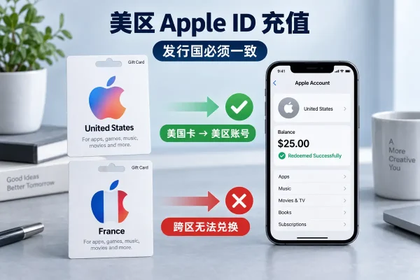 美区apple id怎么充值前，应先核对礼品卡发行国与账号地区是否一致；苹果礼品卡兑换到账户后，余额会锁定在该账户，不能跨区使用、转移或撤销。购买时还要确认卡种、面额及渠道，兑换前检查媒体与购买项目中的账号，避免买错地区或充错账户造成损失。