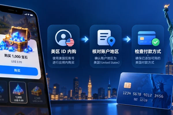 美区id 内购失败的排查流程图，说明账户地区、付款方式与内购限制的检查顺序